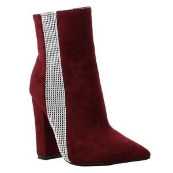 Burgundy Suede Rhinestone Ankle Boot - Picture 5 of 6